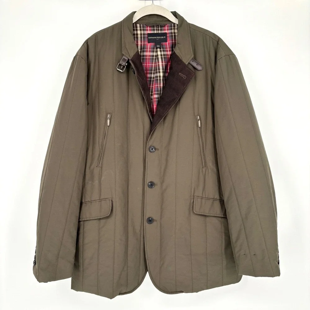 Banana Republic Quilted Barn Jacket Sz XL Olive Green Plaid Lined Classic Preppy